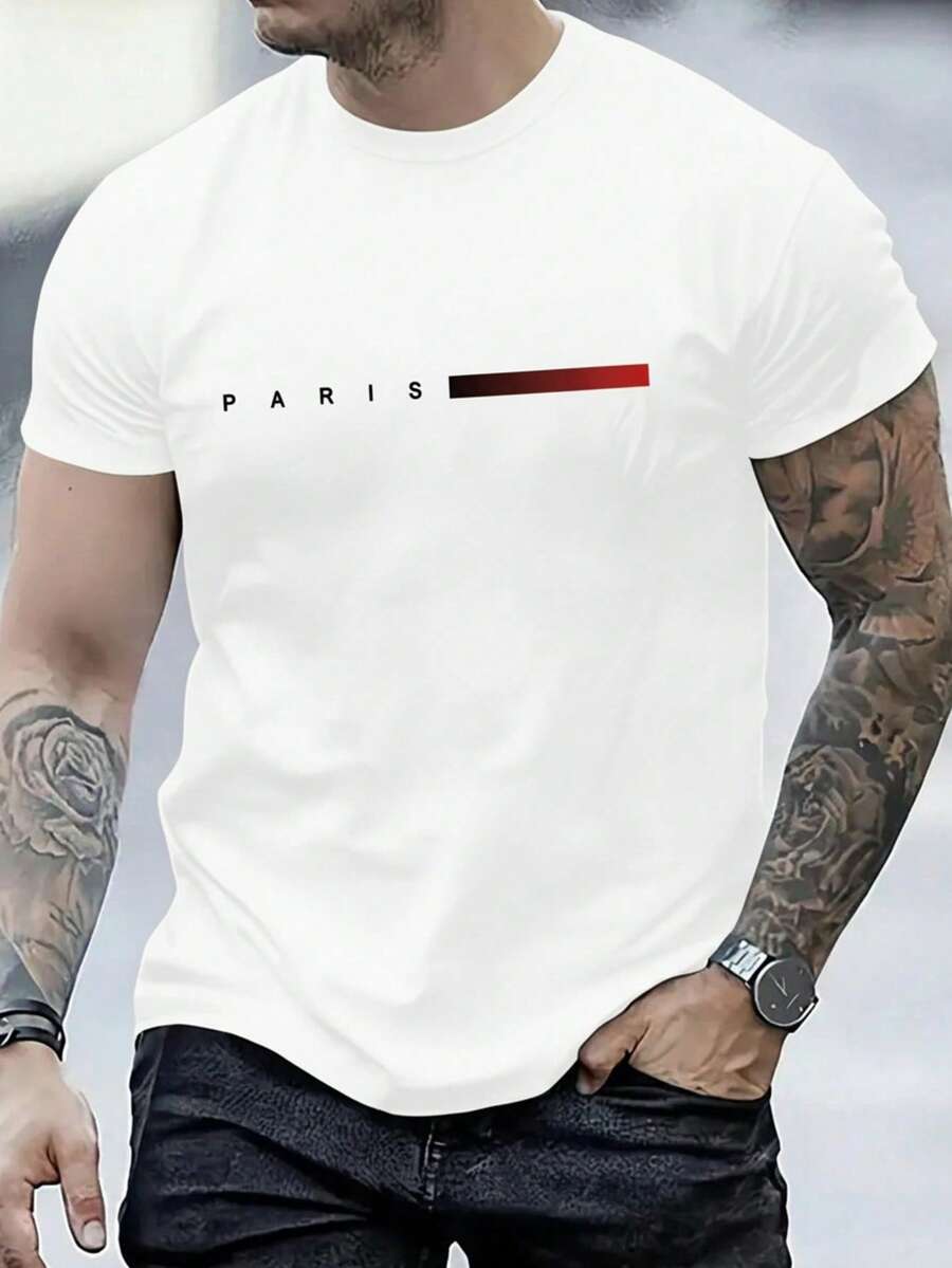 Camiseta casual de manga corta con cuello redondo y estampado de letras para hombre, verano en tela poliester semitransparente ligera - Blanco - Ver 1