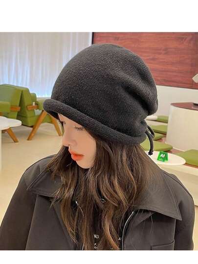1 件纯色翻边无檐便帽，宽松针织薄款保暖耳帽，男女通用春秋韩版