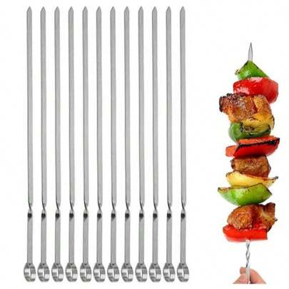 12-Pack Stainless Steel Kabob Skewers, 14-Inch Flat Metal BBQ Skewers For Grilling, Wide Reusable Shish Kebab Sticks For Meat, Shrimp, Chicken & Vegetables - Dishwasher  & Non-Stick Design