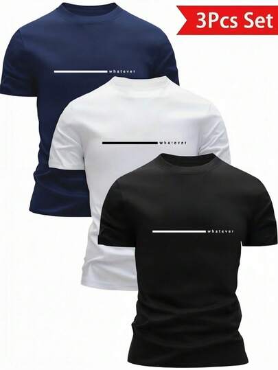 3 Pcs Men's Slogan Print Short Sleeve T-Shirts, Comfortable & Breathable, Ideal For Summer,