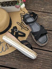 大码时尚铆钉装饰交叉搭扣带舒适高跟厚底坡跟凉鞋，优雅女士度假风夏季鞋履，适合日常穿着、度假、休闲场合，黑色，母亲节礼物 - 黑色 - 查看 8