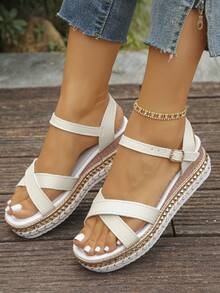 Women's Rivet Decor Criss-Cross Strap Buckle Beige Platform Wedge Sandals, Fashionable Wedge High Heels, Resort Style For Summer Daily Wear - Beige - View 5