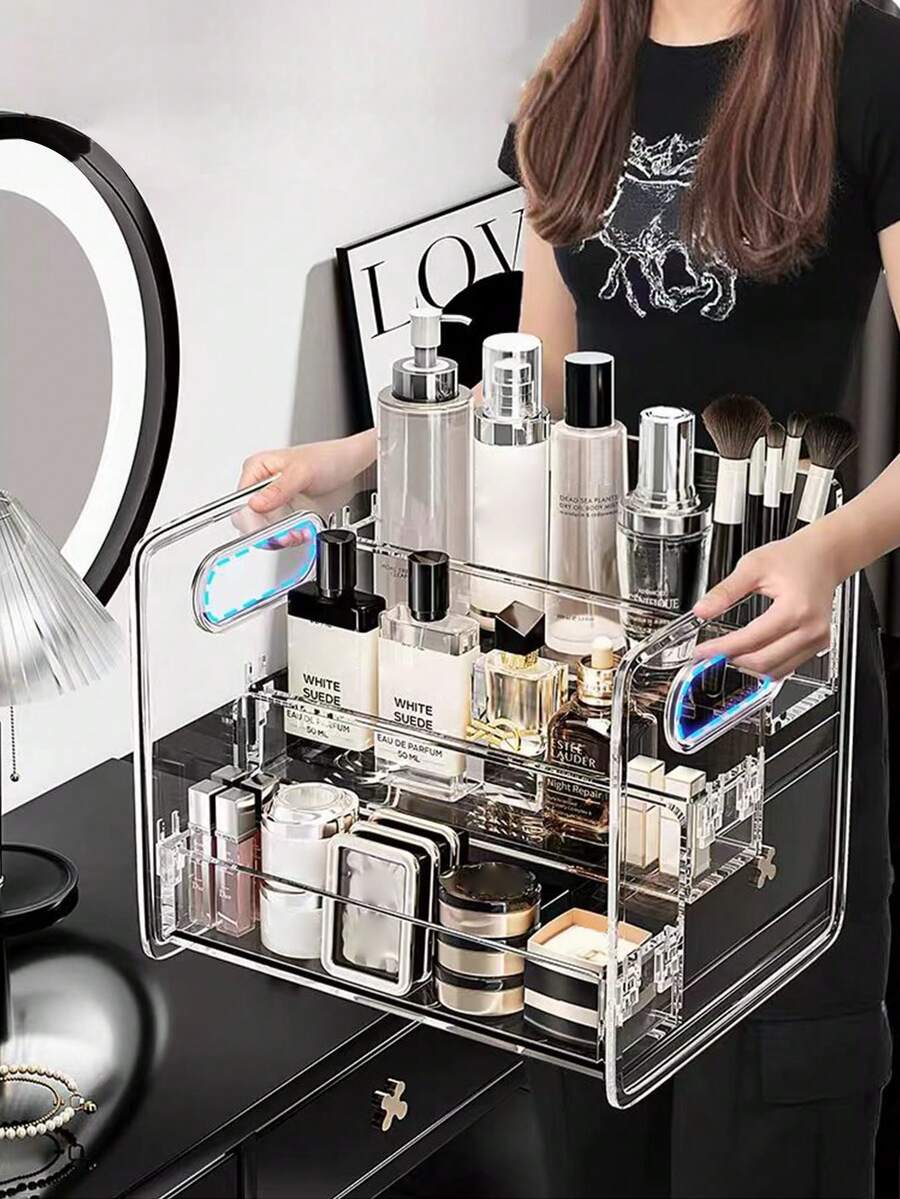 1个透明桌面收纳盒，三层化妆品收纳展示盒，适用于化妆品、护肤品、香水等，可作女友礼物或房间装饰。 - 無色 - 查看 1