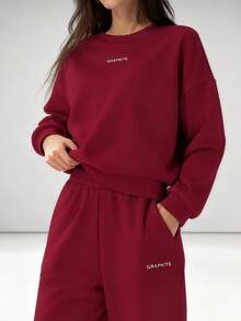 Women's Solid Color Sports Sweatshirt Set - Casual Long-Sleeved Pullover And Jogger Pants Two-Piece Sportswear - 紅色 - 查看 3