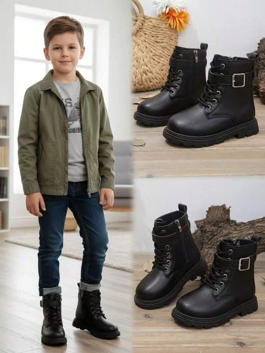 1 Pair Black Teenager & Children Mid-Calf Boots, Solid Color Soft Patchwork Fabric, Classic Front Lace-Up With Inner Side Zipper Design, Round Toe, Thick Sole Height-Increasing Fashionable Cool Short Leather Boots, Suitable For 3-12 Years Old Boys & Girls Students, Daily Casual, Party, Holiday, Vacation, Outdoor Wear, Autumn/Winter New Style - 黑色 - 查看 1