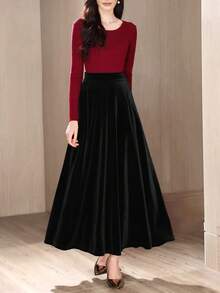 女士优雅天鹅绒A字裙，秋冬