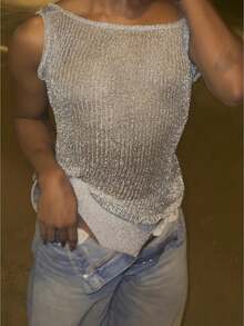 Women Knit Tank Tops Solid Color Mesh Hollow-Out Round Neck Casual Vests Summer Sleeveless Tops Streetwear - Bạc - Xem 1