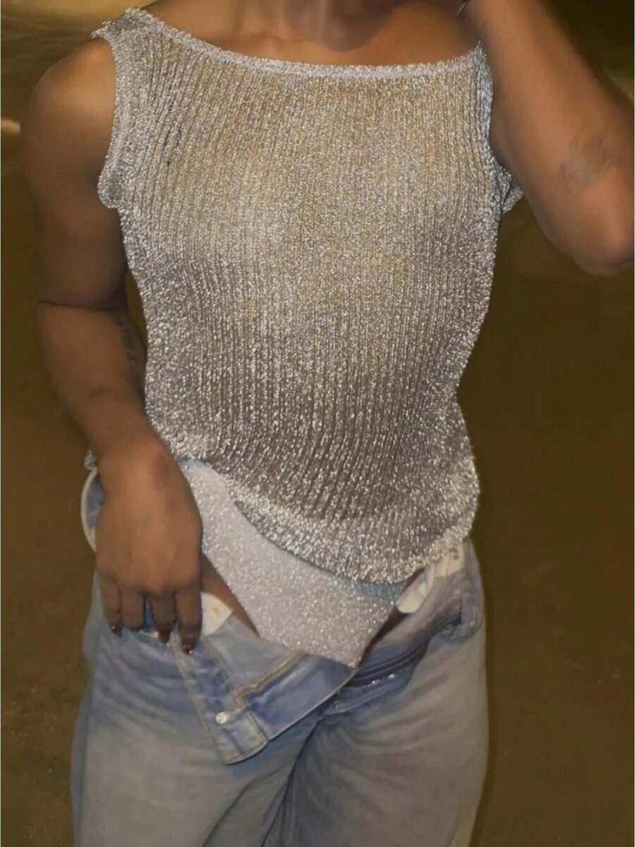 Women Knit Tank Tops Solid Color Mesh Hollow-Out Round Neck Casual Vests Summer Sleeveless Tops Streetwear - Bạc - Xem 1