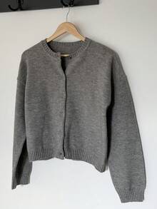 Livesso 1pc Women Solid Color Minimalist Knit Cardigan,Fall Clothes - Grey - View 6