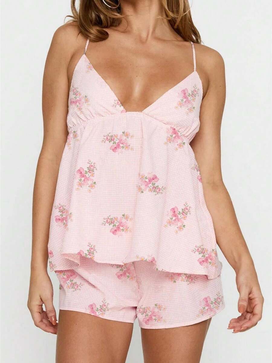 Women's Y2K Pajamas Set 2 Piece Lounge Set Floral Print Spaghetti Strap Sleeveless V Neck Babydoll Flowy Cami Tops With Wide Leg Shorts Summer Casual Sleepwear Loungewear Sets - 西瓜粉 - 查看 1