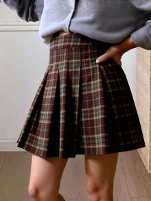 Livesso Vintage Plaid Pleated A-Line Skirt For Women, Casual Autumn/Winter Christmas - Burgundy - View 4