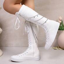 love ycodo Women's Fashionable Over-The-Knee Boots, New Style High Shaft Boots For Girls/Students, With Side Zipper And Decorative Chain - White - View 11