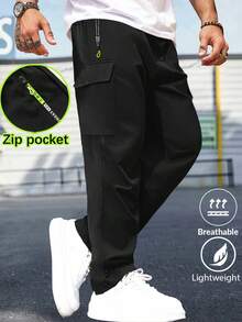 男士春秋徒步裤，带拉链口袋和抽绳，直腿宽口袋设计，适合休闲、跑步 - 醒目的霓虹亮点 - 黑色 - 查看 3