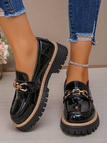 Mocasines de suela gruesa para mujer, zapatos de cuero versátiles y de moda con hebilla, zapatos adelgazantes para todas las estaciones - Negro - Ver 6