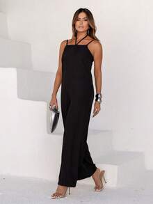 Women's Long Jumpsuit With Elegant Tie Detail - Black - View 3