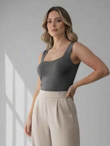Women's Basic Modal Knit Bodysuit With Square Neckline - Summer Fashion - Dark Grey - View 2