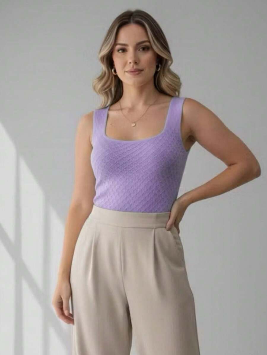 Women's Basic Modal Knit Bodysuit With Square Neckline - Summer Fashion - 紫丁香色 - 查看 1