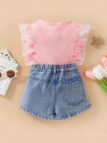 Toddler Girl's Summer Outfits Mesh Sleeve Set And Heart Print Denim Shorts Set, Comfortable And Fashionable Summer Jeans Outfits For Girls, Suitable For Outdoors - 粉紅色 - 查看 2