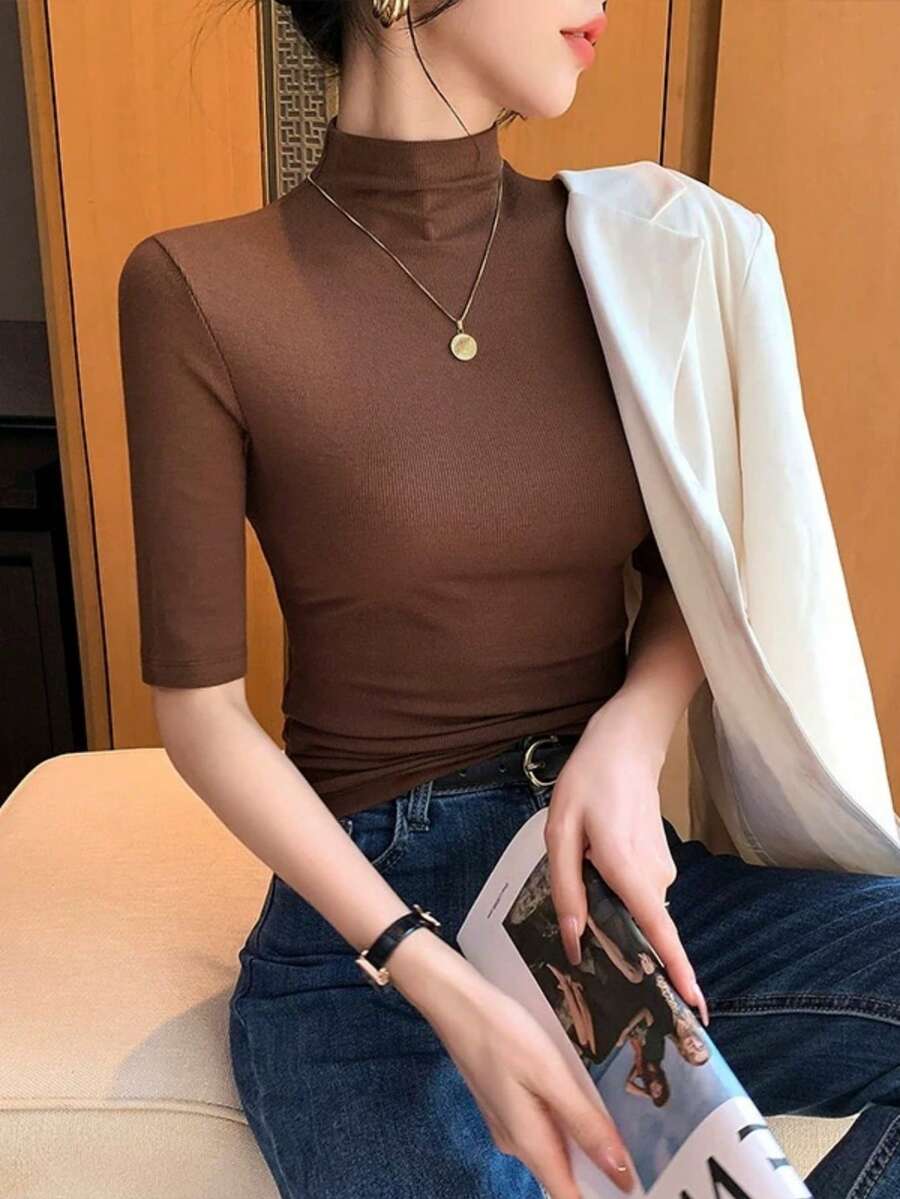 Women's Knit Blouse With High Neck And Short Sleeves, Simple, Ribbed Fabric, Sizes S, M, L - Mocha Brown - View 1