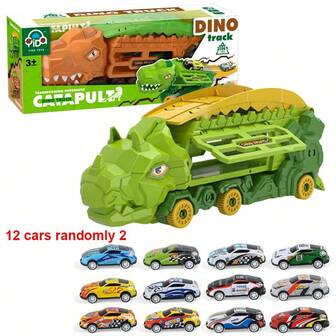 [3D Dinosaur Transformation Master] 3D Stereoscopic Track Car Set With Launcher + Foldable Dual-Mode Transforming Dinosaur Truck, Made Of ABS, STEM Toy (Comes With Random Diecast Mini Car), Children's Birthday Party Gift