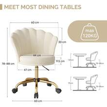 Home Office Chair, Makeup Chair, Velvet Chair, Petal Backrest, 360° Rotatable, Height-Adjustable Office Chair, Ergonomic For Study Or Bedroom, Load Capacity Up To 120 Kg, Beige - 米色 - 查看 6