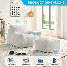 Modern Faux Fur Fabric Large Bean Bag Chair With Ottoman, Oversized Adult Bean Bag Chair With Filler, Lazy Sofa Comfy Bean Bag Couch With Armrests - 白色 - 查看 10