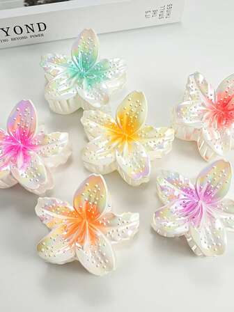 3pcs White Base Floral Decor Hair Clips, Elegant Sweet High Ponytail Hair Accessories Flower Hair Claw Fashion Hair Clutch