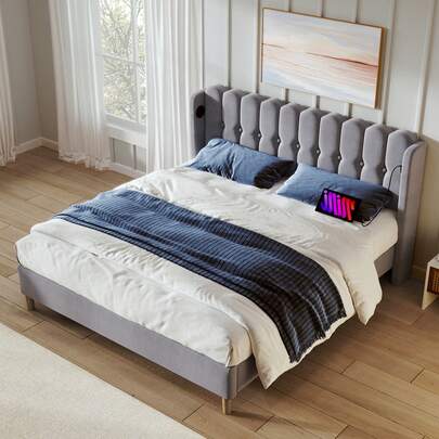 Upholstered Double Bed With USB Type-C Charging Function, Bed Frame With Slatted Base, Upholstered Bed In Grey, 140 X 200 Cm Bed Frame, Youth Bed For Bedroom/Guest Room - Linen Material