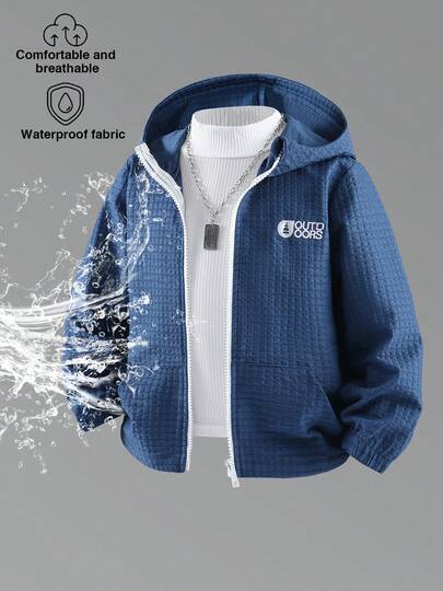 Áo khoác nỉ có mũ, thoáng khí, giữ ấm, chống gió, chất liệu vải dệt kiểu waffle, nhanh khô, thích hợp cho bé trai, hoạt động ngoài trời và tập thể dục.