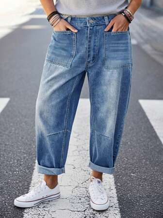 大码宽松无弹力牛仔裤，纽扣装饰长款牛仔裤