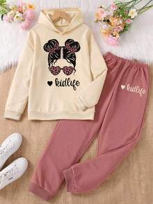 Teen Girl Letter Print Hoodie And Sweatpants Set - Apricot - View 1
