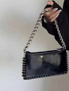 Túi đeo vai dây xích cá tính, cổ điển, đơn giản và đa năng, màu trơn thanh lịch, phong cách nước ngoài, nhẹ, dây đeo vai có thể điều chỉnh, phù hợp cho dạo phố, chụp ảnh, dự tiệc, đi làm và mua sắm. - màu đen - Xem 3