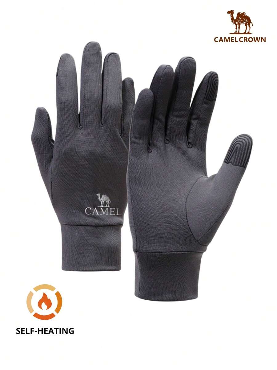CAMEL CROWN 跑步运动防风加绒保暖手套防滑减震骑行手套 - 碳灰 - 查看 1