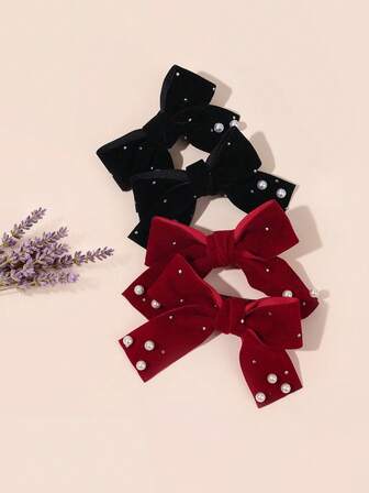 4件套珍珠蝴蝶结发夹，优雅天鹅绒蝴蝶结鳄鱼夹，黑色酒红色发夹，精致礼物发卡，情人节/假期发饰，青少年发饰