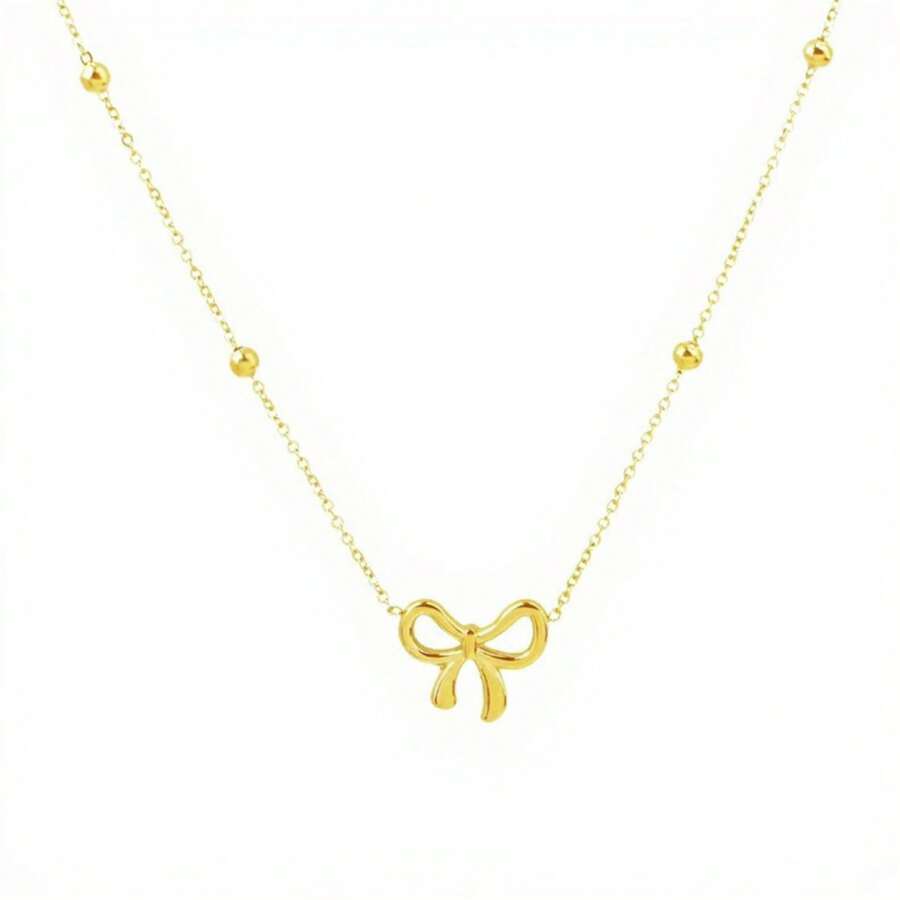 Women's Bow Pendant Necklace With Dainty Beaded Chain Design - Gold - 金色 - 查看 1