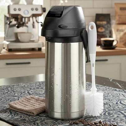 1.9L Cafetera con bomba, dispensador de café térmico airpot con cepillo de limpieza y paño de limpieza, base giratoria de 360° airpot aislado al vacío, dispensador de bebidas de acero inoxidable de doble pared aislado con palanca de acción para agua caliente/fría