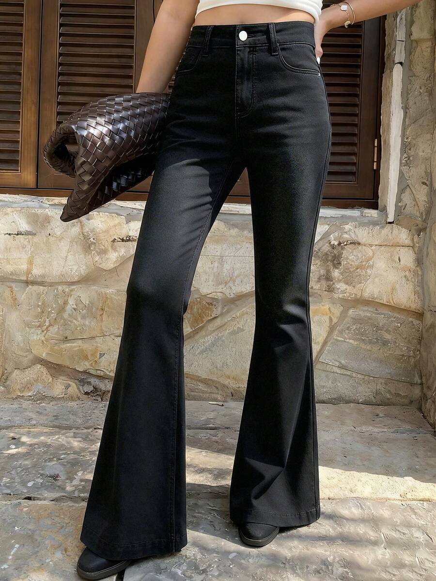 Livesso 女士高腰口袋休闲百搭喇叭牛仔裤 - 深灰色 - 查看 1