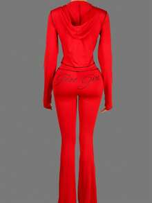 男士性感两件套，长袖印花拉链外套搭配长裤，假日春季穿搭 - 紅色 - 查看 4