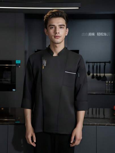 New Fashion Embroidered Chef Uniform, High-End Black Unisex Long Sleeve, Suitable For Autumn/Winter, High-End Hotel, Western Restaurant, Fast Food Store, Barbecue Shop, Bakery, Coffee Shop. Moisture-Wicking, Wrinkle-Resistant, Pilling-Resistant, Shrink-Resistant, Non-Deforming. Soft, Skin-Friendly Fabric. Classic Mandarin Collar Design, Elegant Hidden Buttons, Easy To Wear And Comfortable.