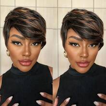 优雅的1B/30精灵短发假发，女士款 - 直发真人发假发，带刘海，短款层次直发造型，自然黑棕混色，无需胶水即可轻松佩戴，多色设计，适合所有人，6英寸舒适玫瑰网帽，无需胶水，完美适用于日常佩戴、派对、圣诞节、新年以及K-Pop等场合。 - 彩色 - 查看 2