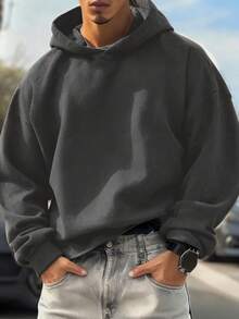 Áo hoodie nam dài tay, màu trơn, vai rớt, có dây rút và túi, kiểu dáng thường ngày, thích hợp cho mùa thu/đông, đi học. - Màu xám đen - Xem 5