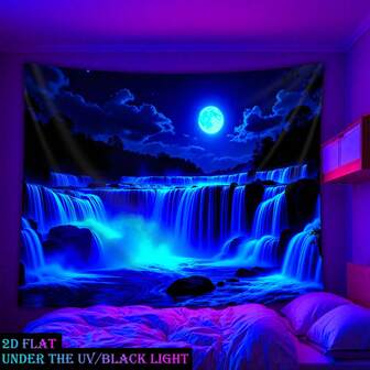 1pc Moon Waterfall Blue - Glowing Under UV Black Light Tapestry Oversized Fluorescence Tapestry Polyester, Room, Dorm, Living Room, Home Furnishings, Party Decorations, Free Installation Package, No Electricity Needed