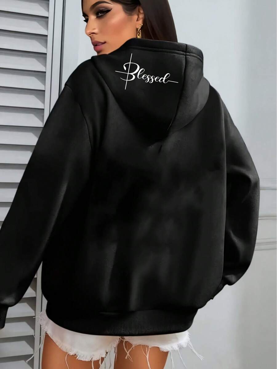 Fashion Plus Size Letter Print Hoodie - Women's Comfortable Long Sleeve Sweatshirt For Autumn And Winter, Soft Casual Thickened Warm Top - 黑色 - 查看 1