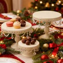 3Pcs Antique Cake Stand Set - Round Metal Cupcake Stands With Pendants And Beads - Elegant Dessert Display, For For Wedding, Birthday Party Decor, Gold/Champagne/Cream White,Holiday Decor,Christmas Gifts - CreamWhite - View 4