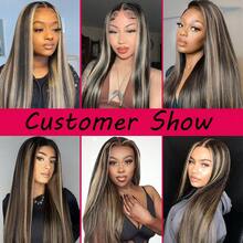 34 Inch 200% Density 1b/27 Highlight 13x4 Lace Frontal Wigs Brazilian Human Blended Hair For Women 13x4 Large HD Transparent Lace Frontal Wigs Wigs Pre Plucked With Baby Hair 12A For Women's Daily And Holiday Occasions Wig - S1B/27 - 查看 9