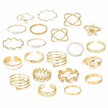 68/66/27/24/21pcs Fashionable, Minimalist, Elegant, Exquisite, Retro Design Geometric Buckle, Flower, Heart, Rhinestone, Bling Bling, Faux Pearl, Drip Oil, Infinity Symbol, Star, Butterfly, Wave, Polygon, Multi-Layer, Spring, Tassel, Round Disc, Round Bead, Square Hollow Design, Snake Shape, Smooth, Minimalist Metal Ring Set, Suitable For Holiday, Party, Date, Gift, Daily Wear - Yellow Gold - View 6