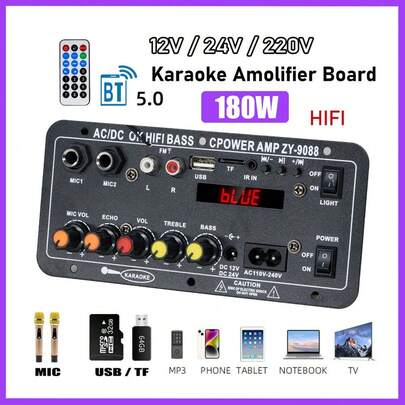 Slot para cartão de vídeo, placa amplificadora automotiva três em um com Bluetooth, reverberação e conexão para microfone, placa amplificadora automotiva Classe D de 180 W.