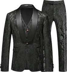 Conjunto de esmoquin de 3 piezas con estampado floral jacquard para hombres, traje de boda y fiesta formal, que incluye chaleco, pantalones y corbata de moño, JDWK - Negro - Ver 11