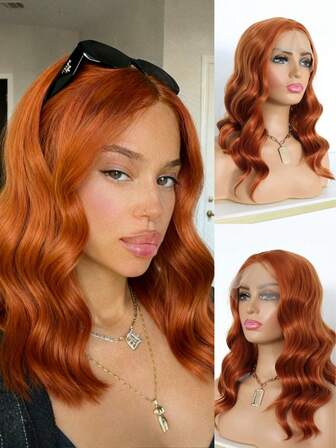 Peluca sintética de encaje frontal con ondas cortas de color naranja, peluca de encaje frontal sintético de fibra resistente al calor con onda natural de color jengibre, 13*4 pulgadas, con línea del cabello previamente desbastada, para uso diario de 14 pulgadas