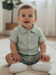 Mono de verano para bebé niño, camisa informal con textura a rayas, color liso, con botones y manga corta - Verde - Ver 4